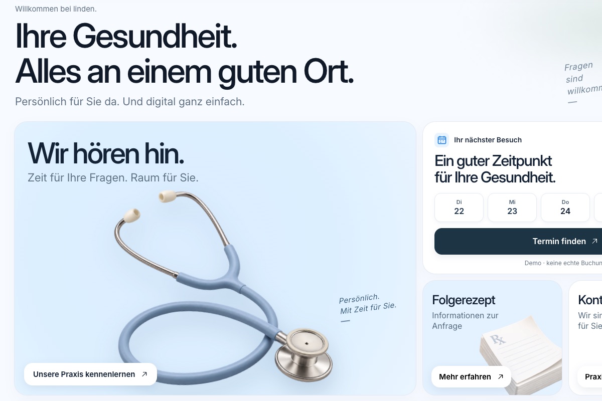 linden. Hausarzt Bento, Kacheln mit Stethoskop und Terminwahl, fiktive Praxis