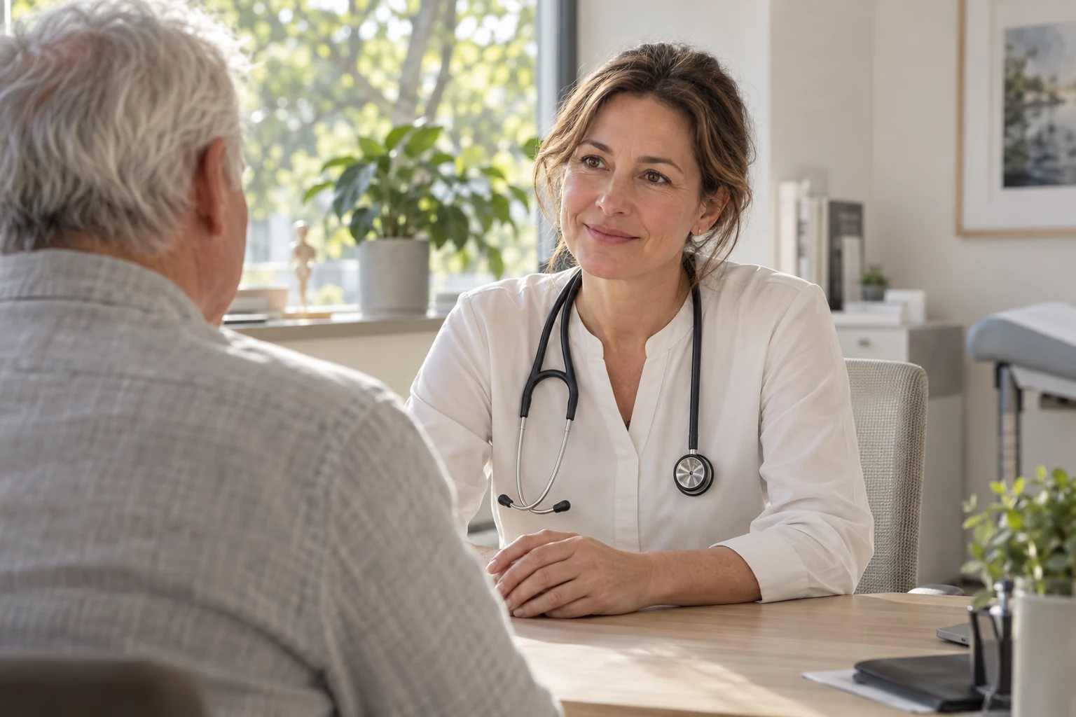 Freundliches Gespräch zwischen Ärztin und Patient in einer hellen Praxis