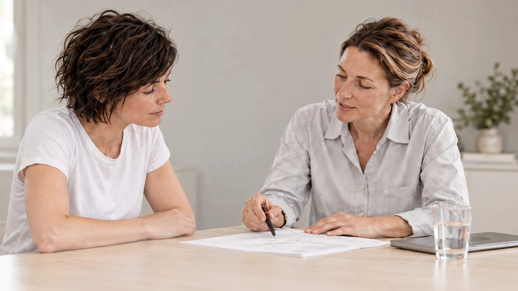 Ruhiges Gespräch zwischen Patient und behandelnder Person in der Praxis