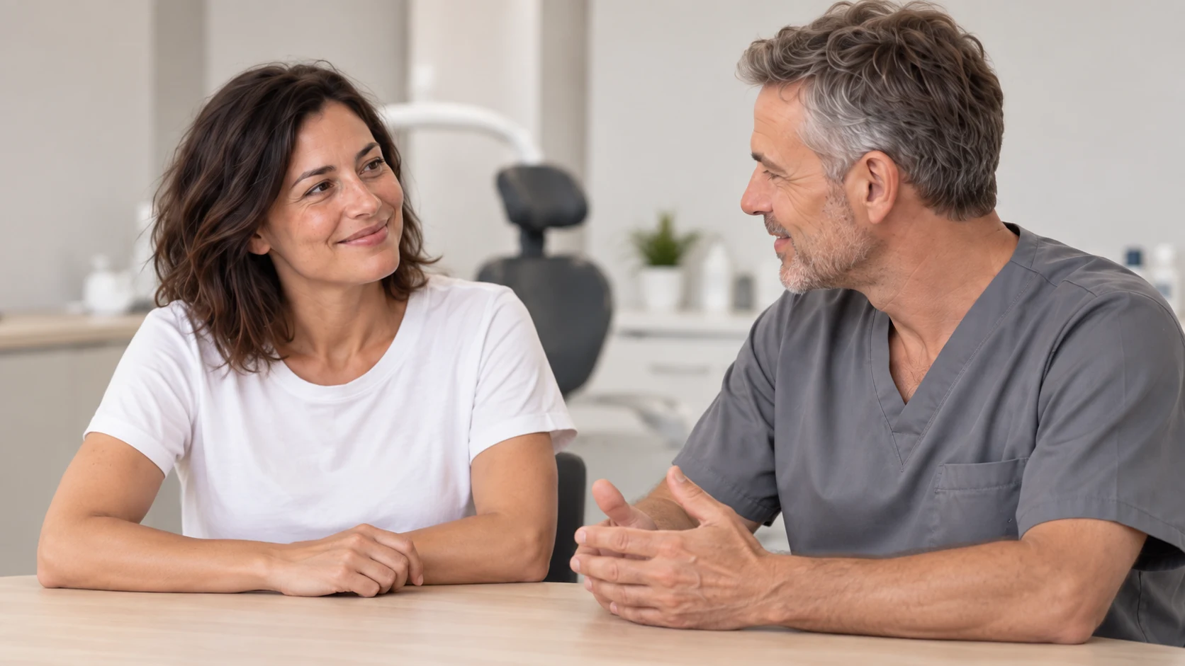 Ruhiges Gespräch zwischen Patient und behandelnder Person in der Praxis