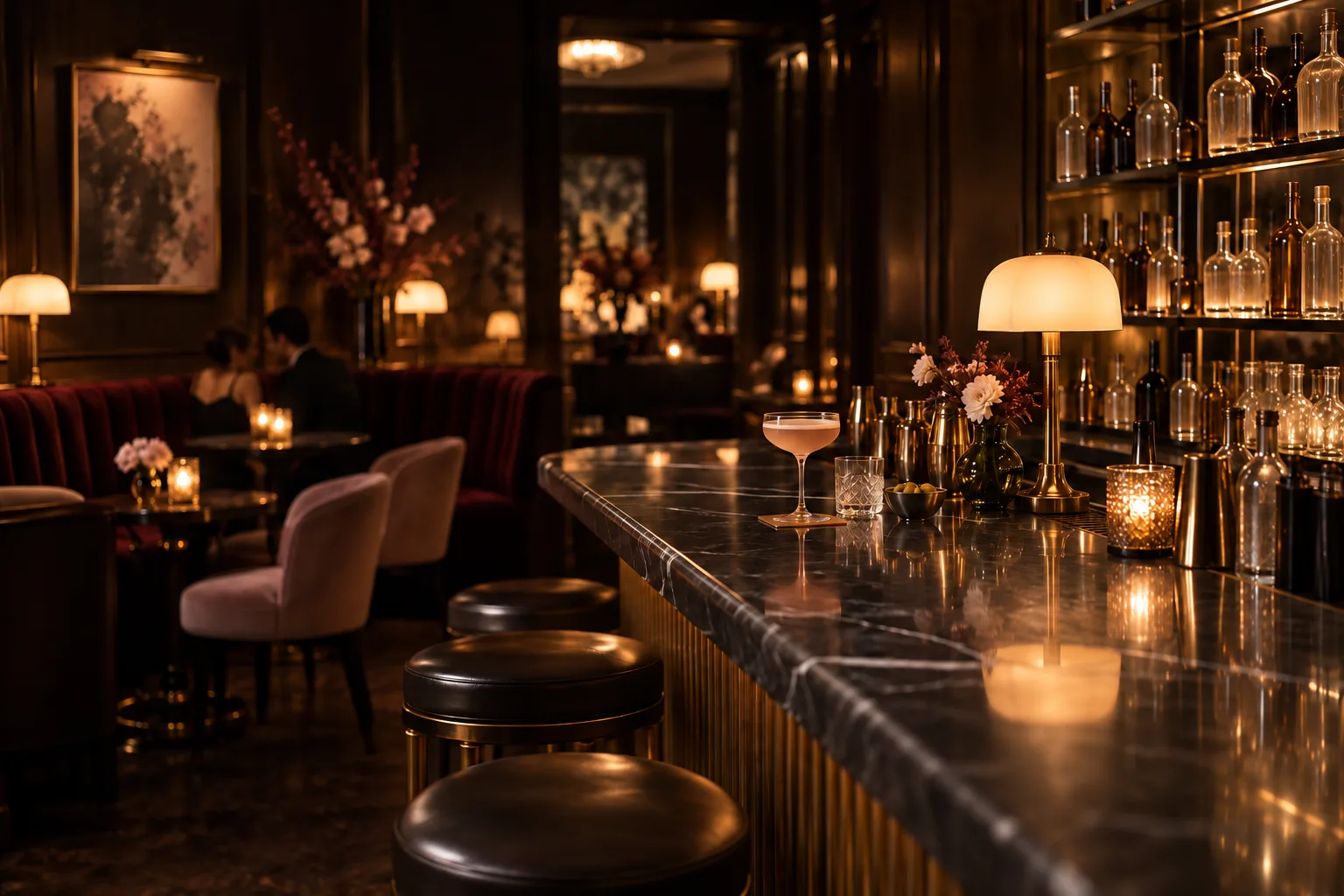 VESPER, Bar am Abend, fiktives KI-Bildkonzept