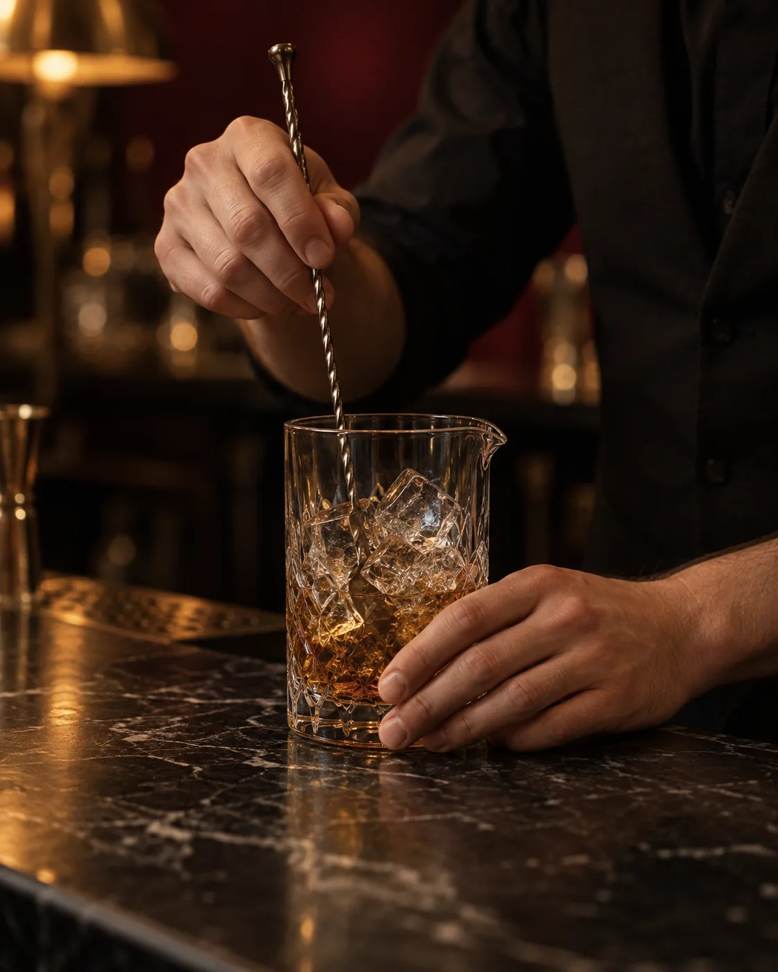 Hände eines Barkeepers rühren einen Drink im Rührglas