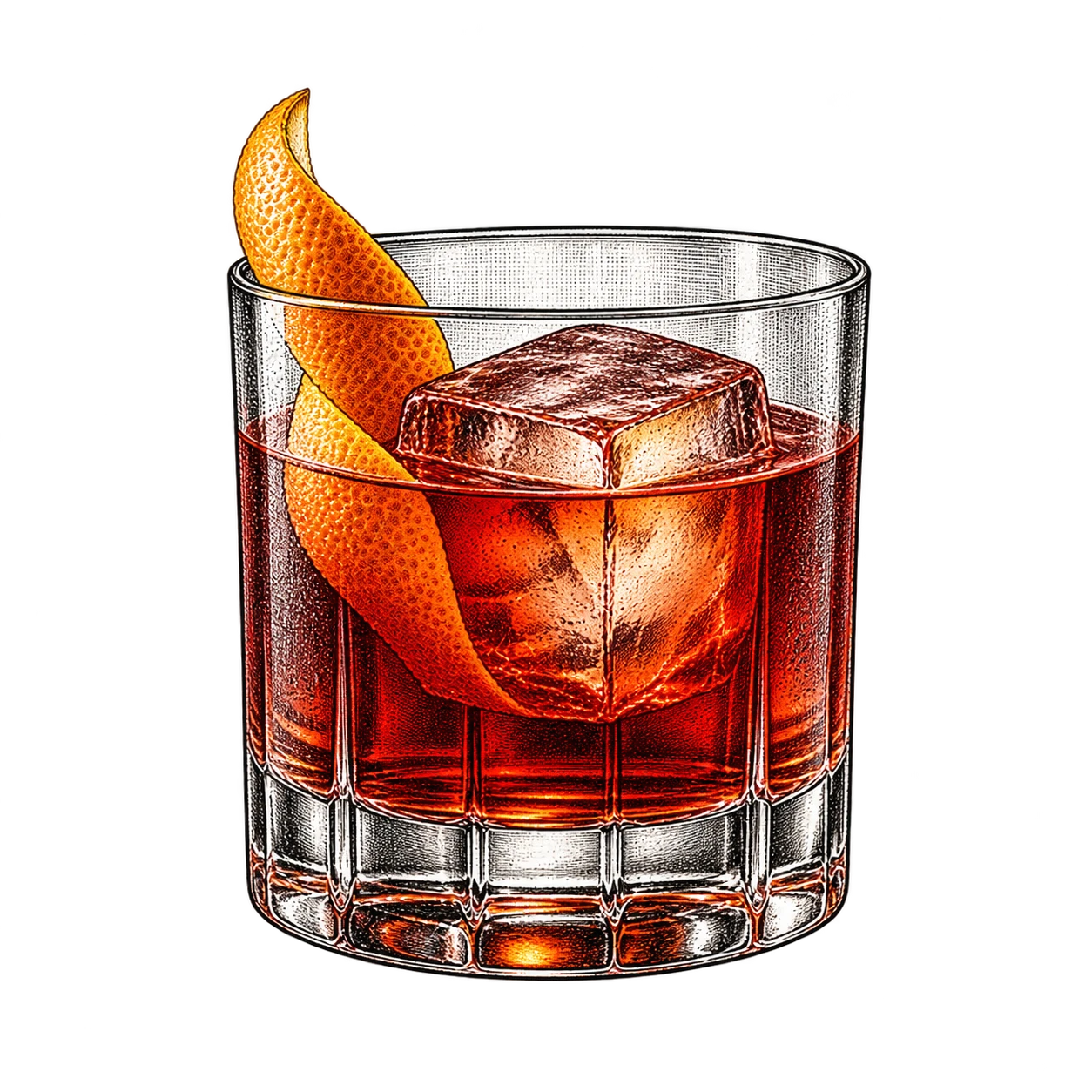 Illustrierter Negroni im Tumbler mit Orangenzeste