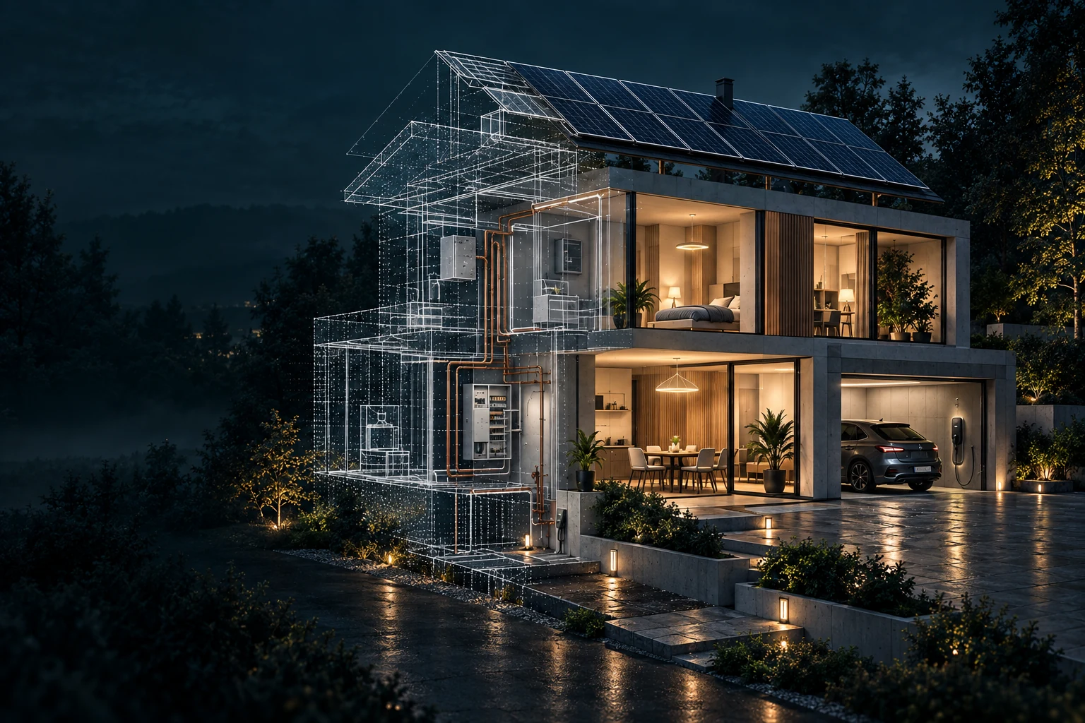STROMWERK, Haus am Abend mit Energieleitungen, fiktives KI-Bildkonzept