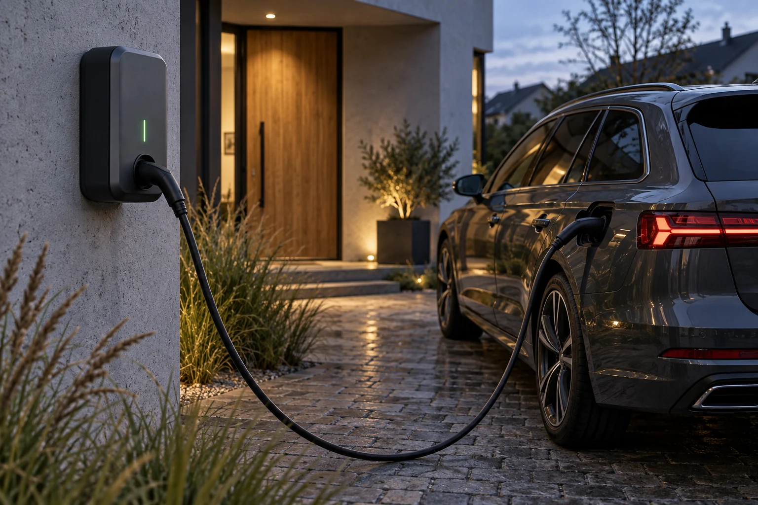 Wallbox und angeschlossenes Auto vor einem Haus