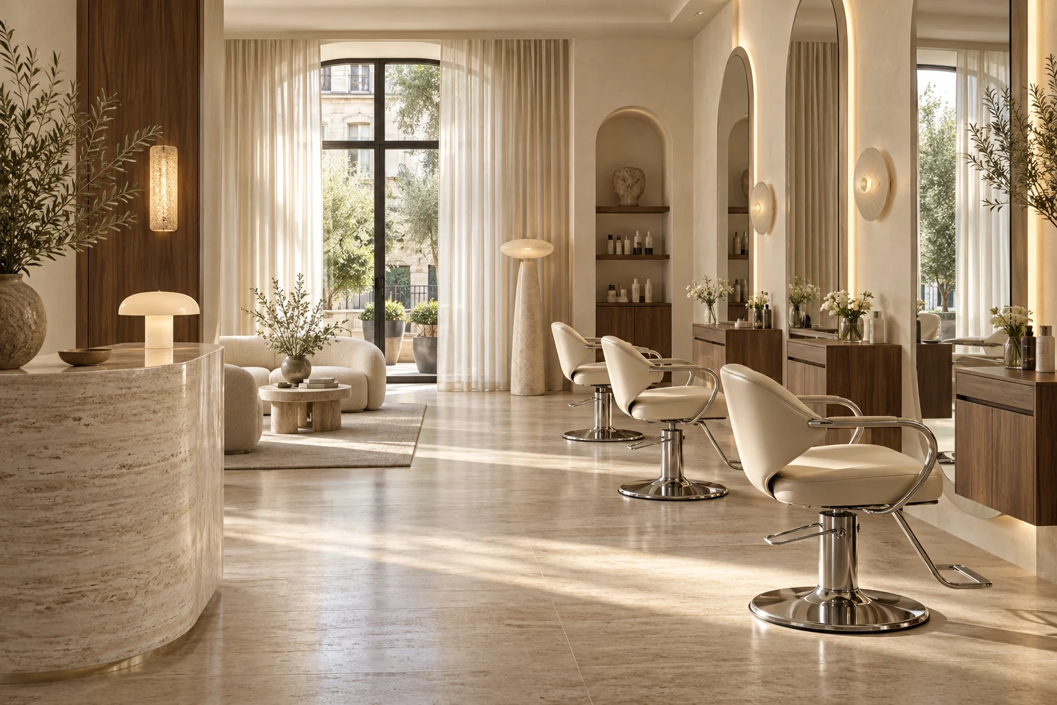 Heller Salon mit warmen Naturmaterialien, KI-generiert