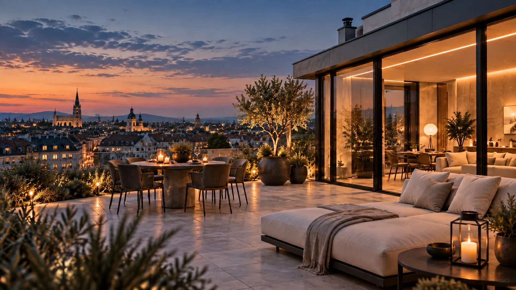 Penthouse-Terrasse über den Dächern bei Abendlicht