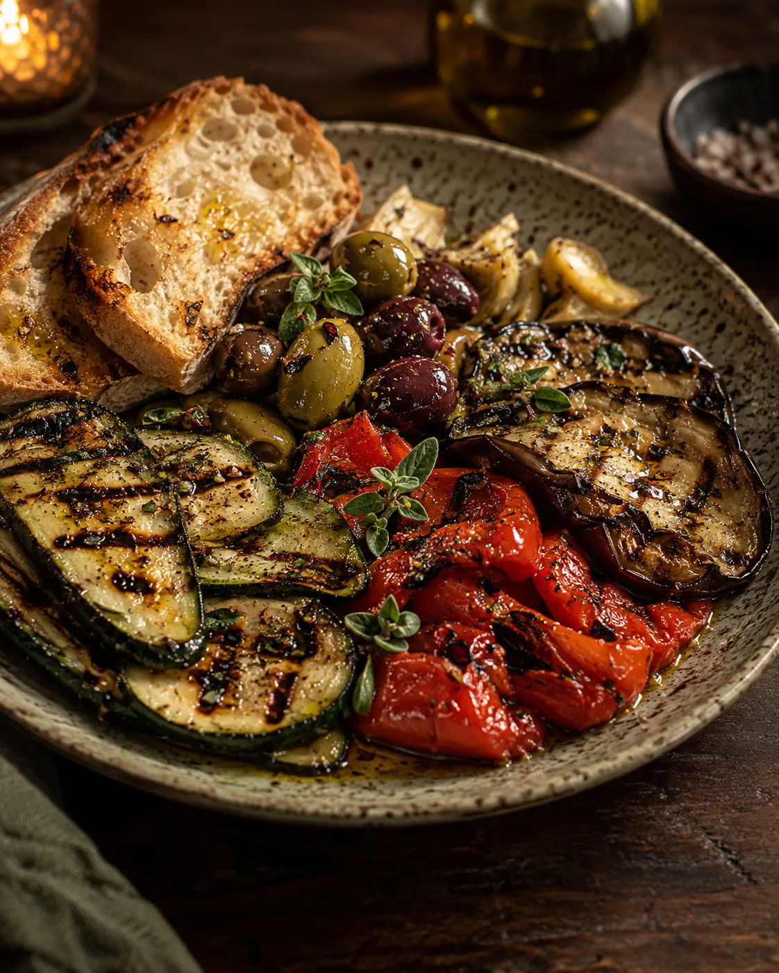 Gegrilltes Gemüse, Oliven und geröstetes Brot auf Keramik. Fiktives KI-Bildkonzept.