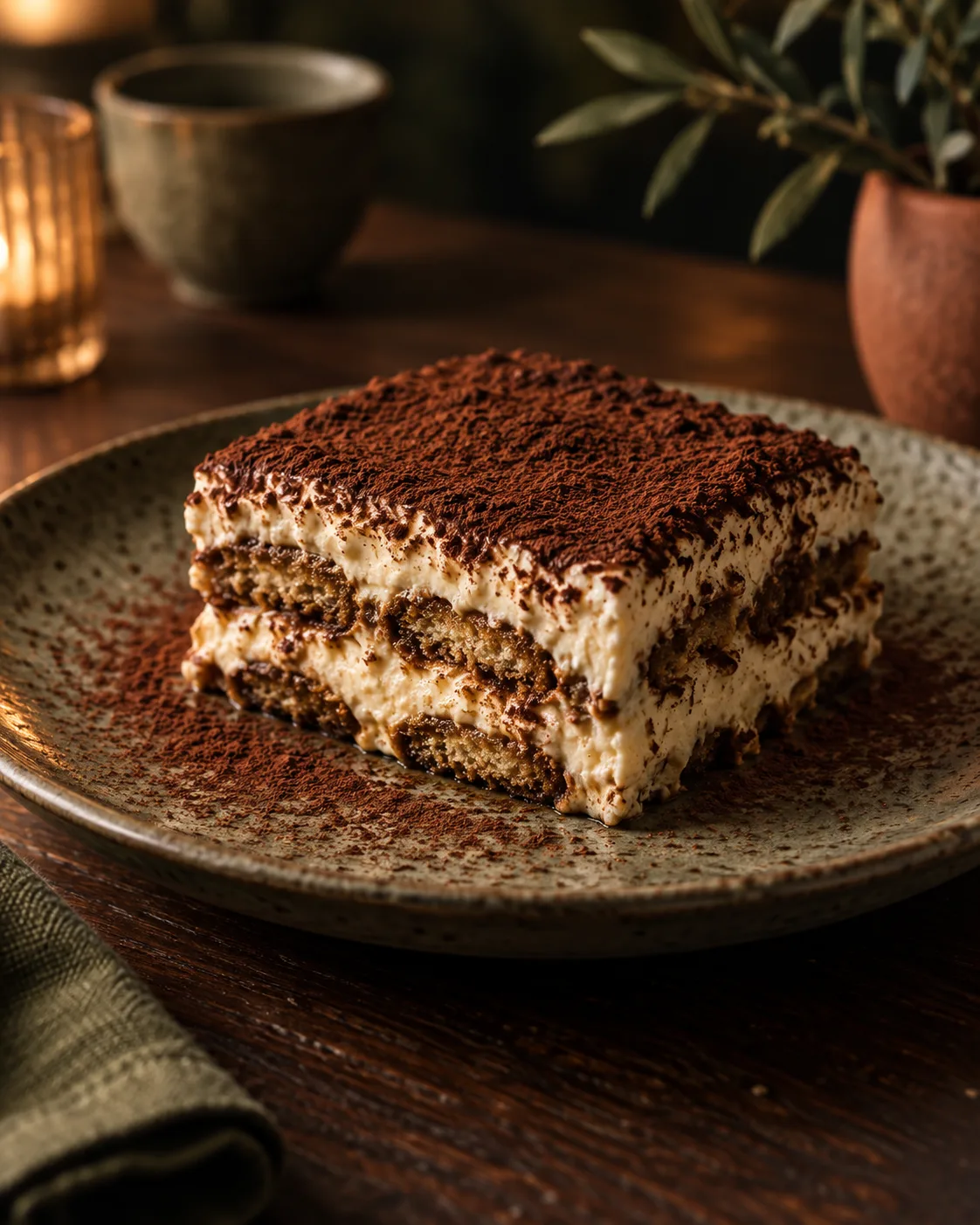 Tiramisù auf einem Keramikteller. Fiktives KI-Bildkonzept.