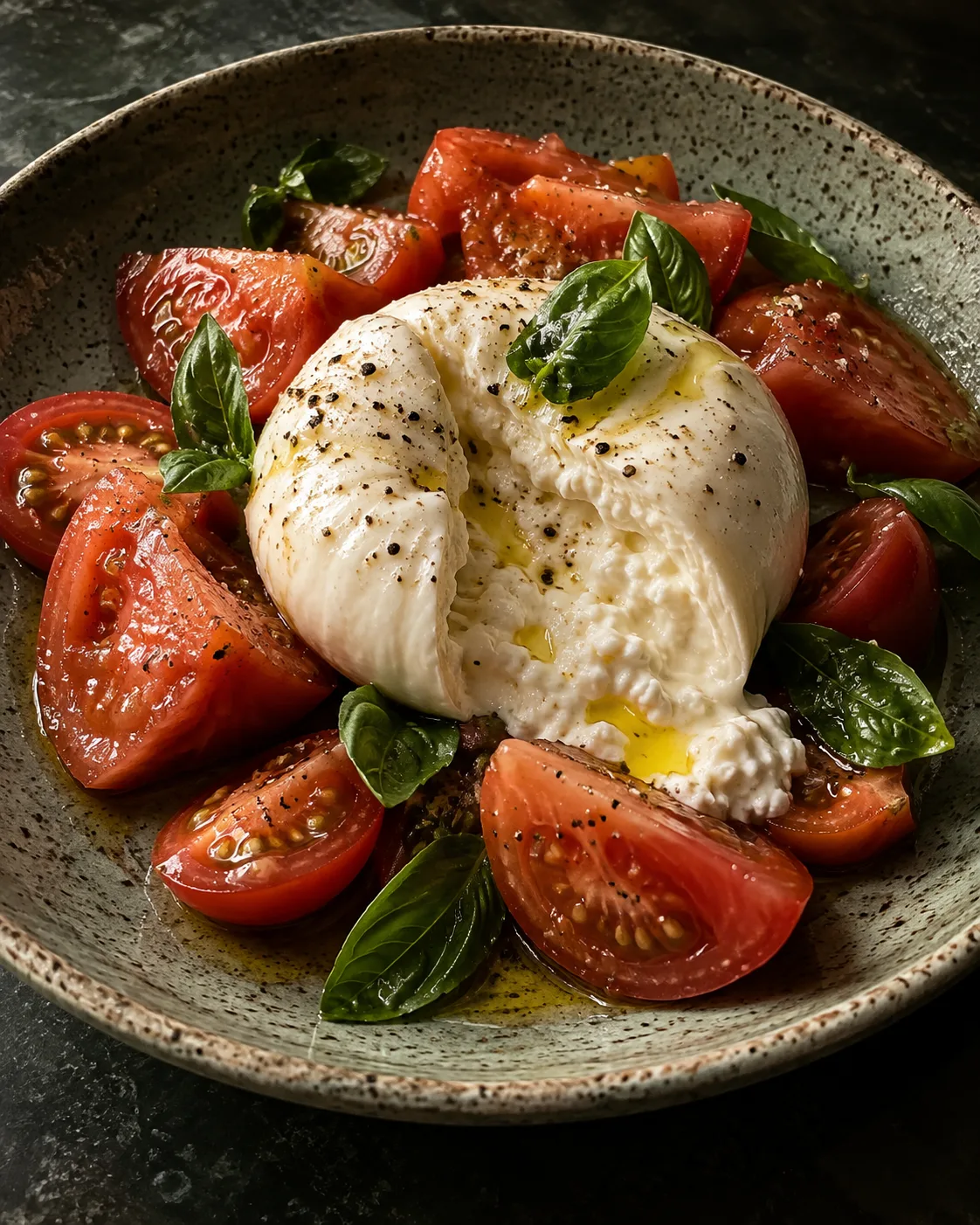 Burrata e pomodoro auf einem Steingutteller. Fiktives KI-Bildkonzept.