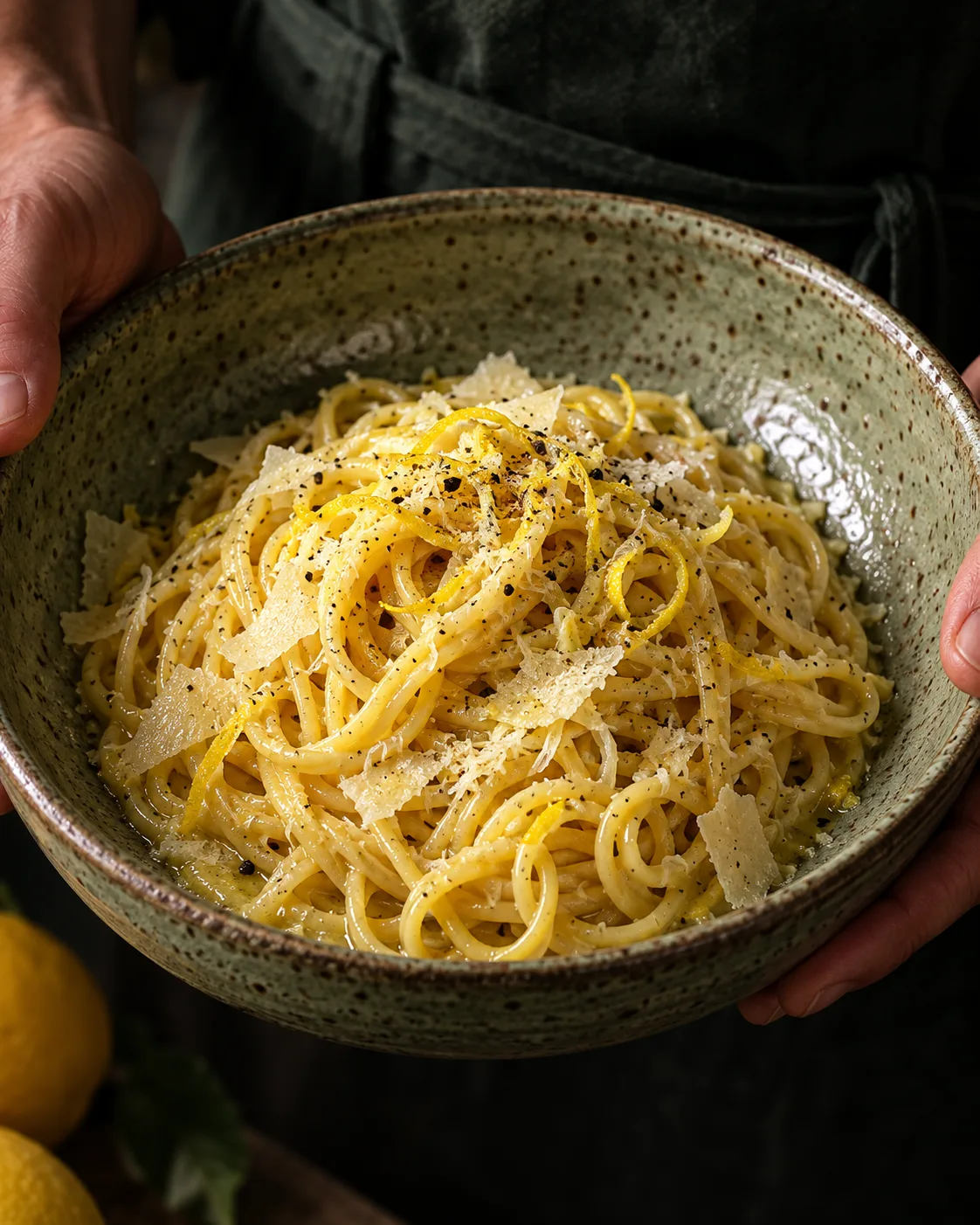 Pasta al limone in einer Steingutschale, von zwei Händen gehalten. Fiktives KI-Bildkonzept.