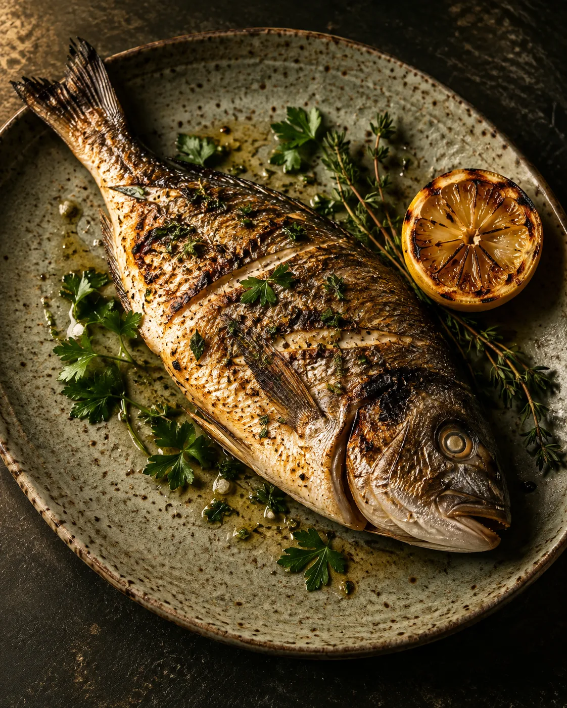 Pesce alla griglia mit Zitrone. Fiktives KI-Bildkonzept.