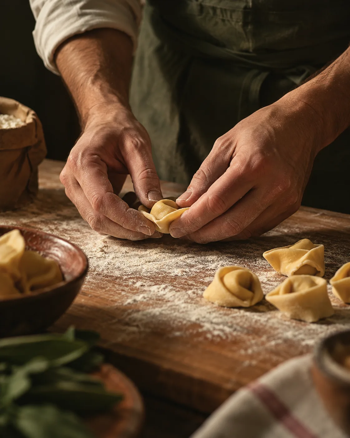 Hände formen frische Pasta auf einem bemehlten Holzbrett. Fiktives KI-Bildkonzept.