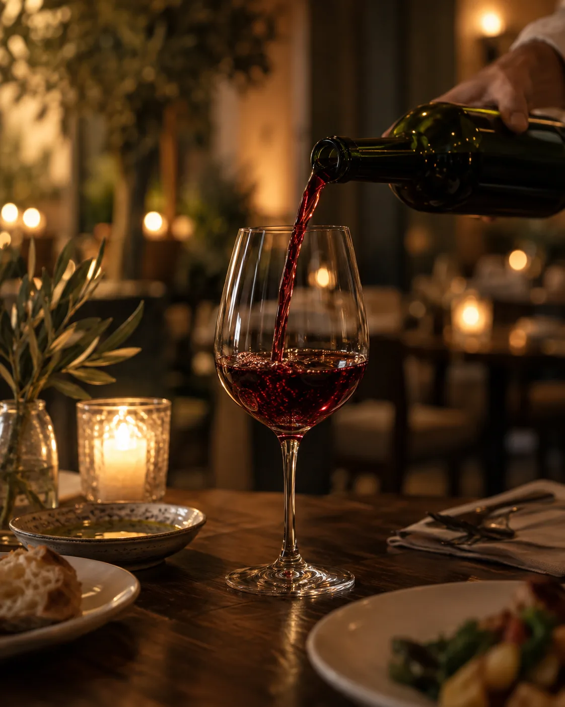Rotwein wird aus einer Flasche ohne Etikett in ein Glas gegossen. Fiktives KI-Bildkonzept.