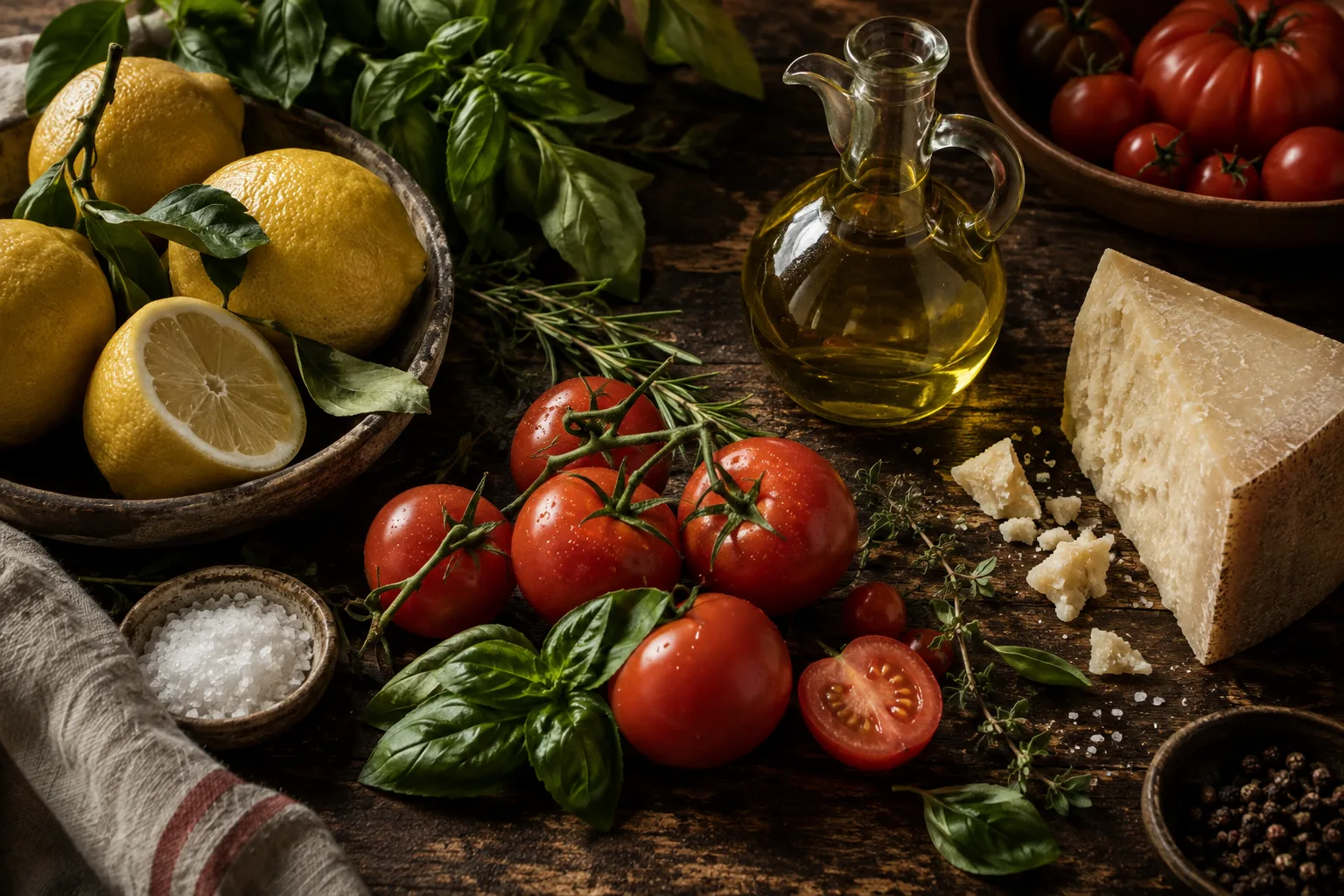Zitronen, Tomaten, Olivenöl, Kräuter und Parmesan auf dunklem Holz. Fiktives KI-Bildkonzept.