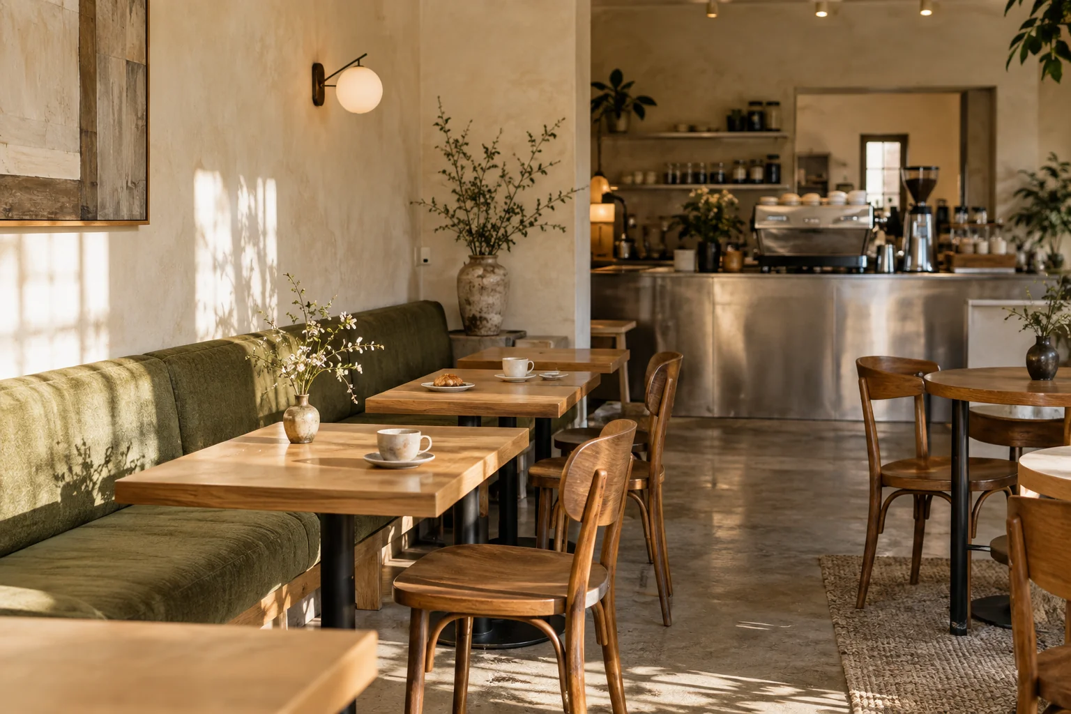 Fiktives Café mit Holzstühlen, olivgrüner Sitzbank und warmer Fensterbeleuchtung – KI-Bildkonzept