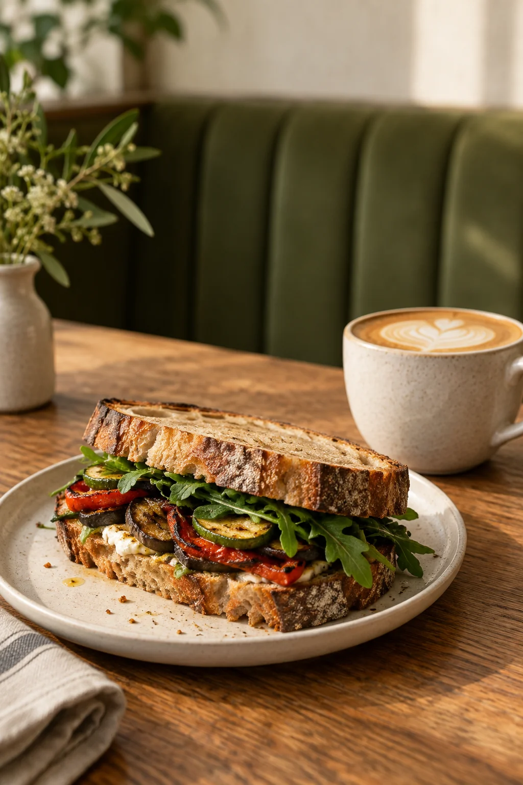 Sauerteig-Stulle und Cappuccino auf einem Holztisch – KI-Bildkonzept